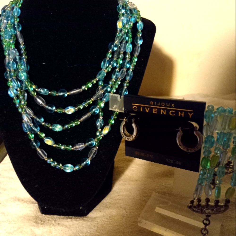 Not new,neverworn with 2 tag Givenchy 3pc Blue and Green 5 strand Necklace Set.